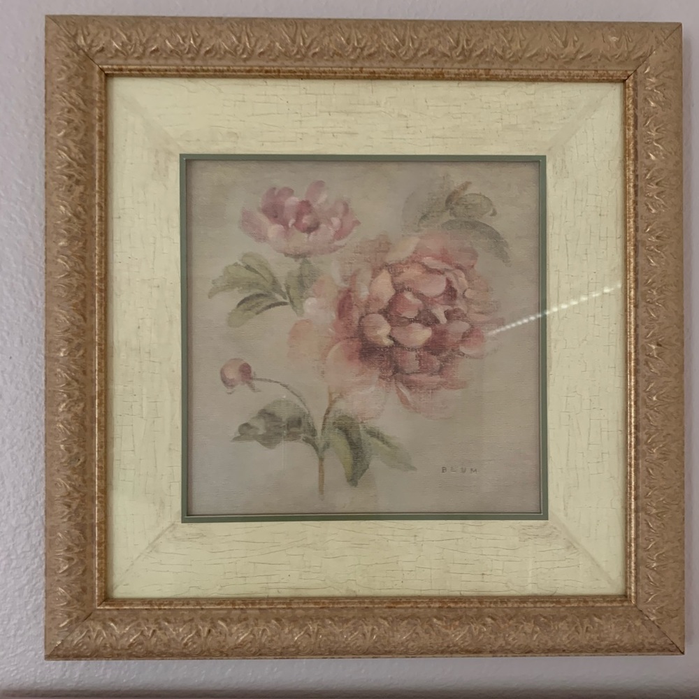 Cheri Blum lithograph Coral Rose on Antique Linen